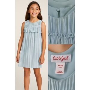 Cat & Jack Girls M 7/8 Blue Pleated‎ Shimmer Sleeveless Party Dress Lined
